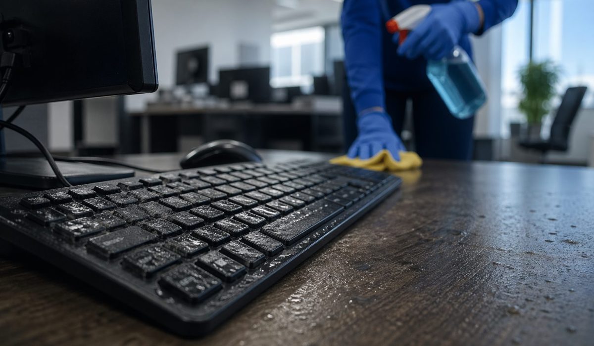 Agent d’entretien nettoyant un bureau de manière inadaptée à proximité d’un clavier d’ordinateur humide, illustrant les risques de dégradation des équipements en entreprise.