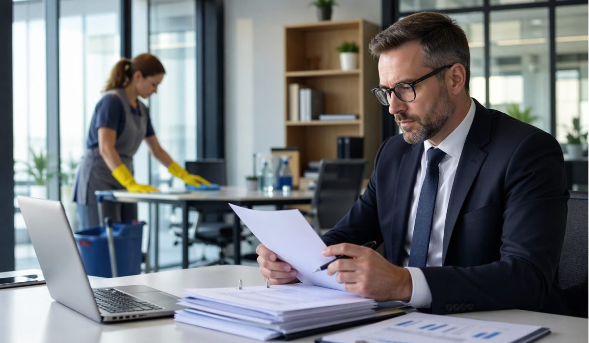 Auditeur examinant des documents dans un bureau propre pendant qu’un agent d’entretien nettoie l’espace de travail