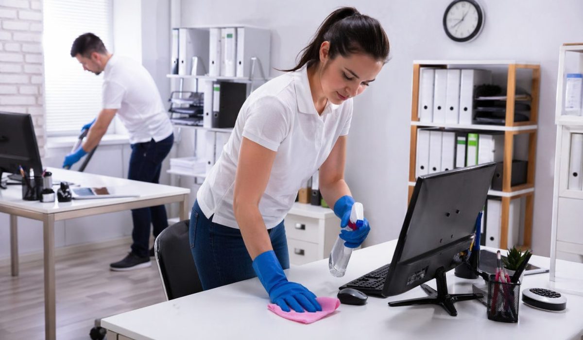Agent d’entretien nettoyant un bureau professionnel avant un contrôle officiel dans des locaux d’entreprise