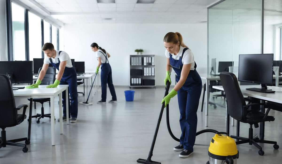 Équipe de nettoyage dans des bureaux modernes après des travaux avec aspirateur, lavage des sols et dépoussiérage des postes de travail