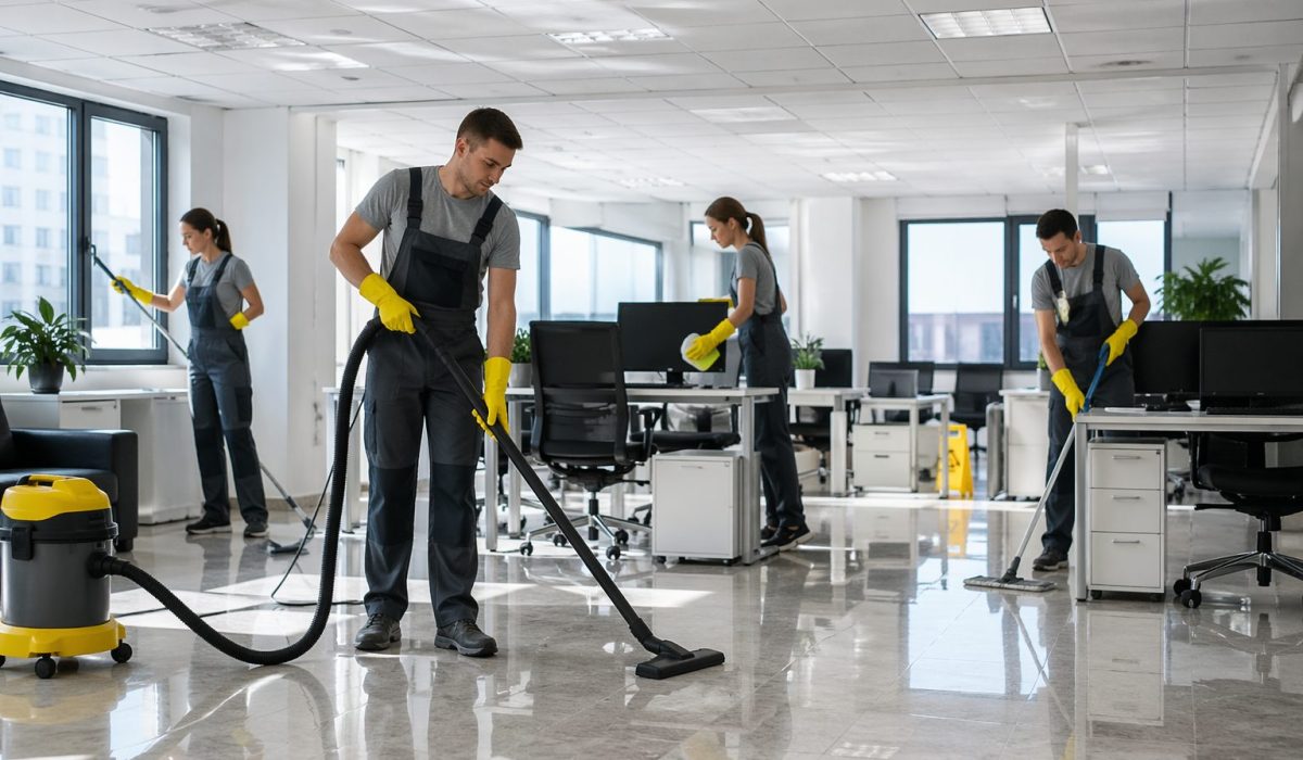 Équipe de nettoyage réalisant un entretien de bureaux post-chantier dans un open space moderne avec aspiration des sols, nettoyage des vitres et dépoussiérage des postes de travail