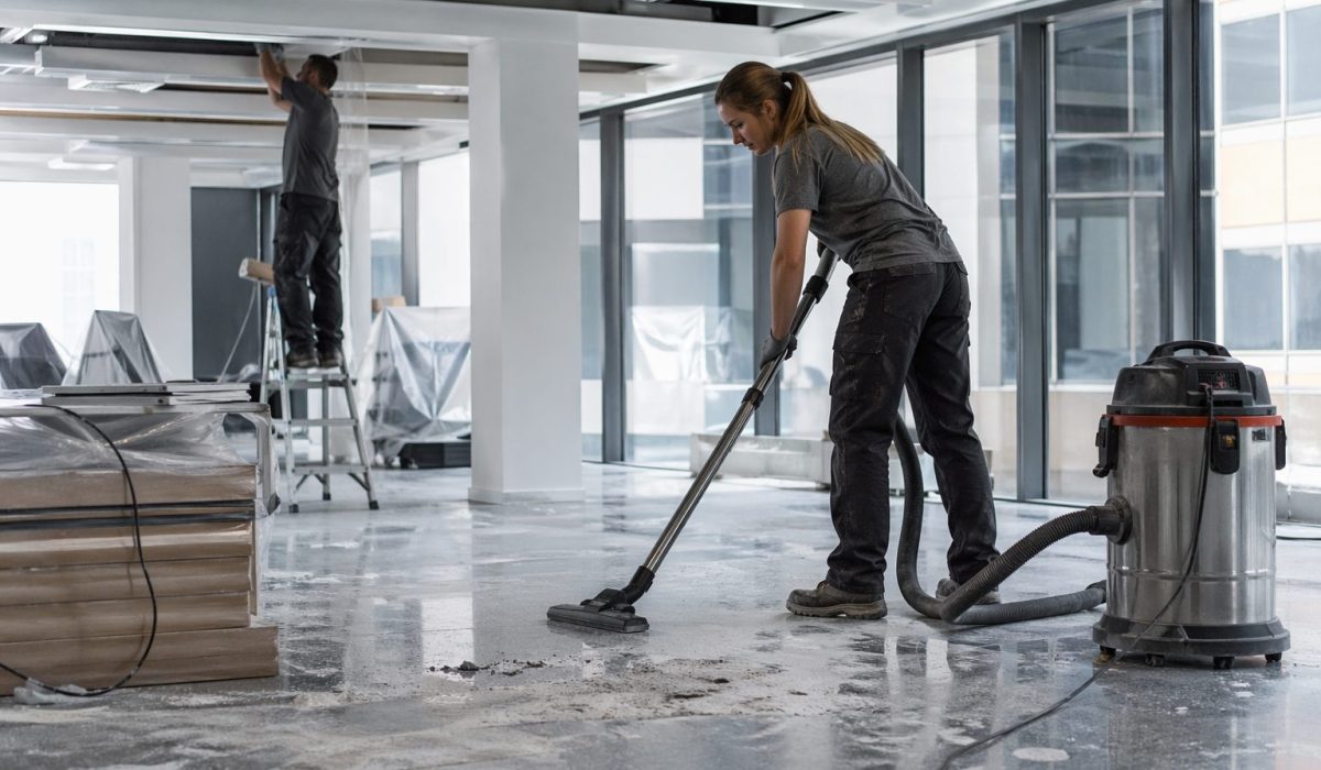 Nettoyage de bureaux après travaux avec remise en état spécifique dans un open space en rénovation