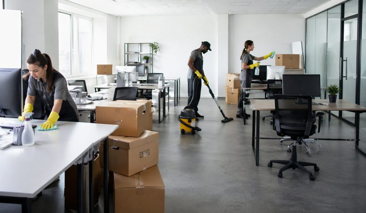 Équipe de nettoyage en train de remettre en état des bureaux après un déménagement dans un espace de travail moderne