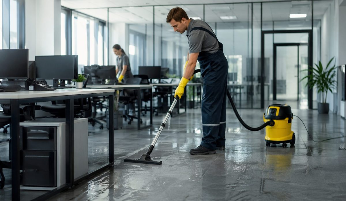 Équipe de nettoyage préparant des bureaux modernes avant un emménagement professionnel