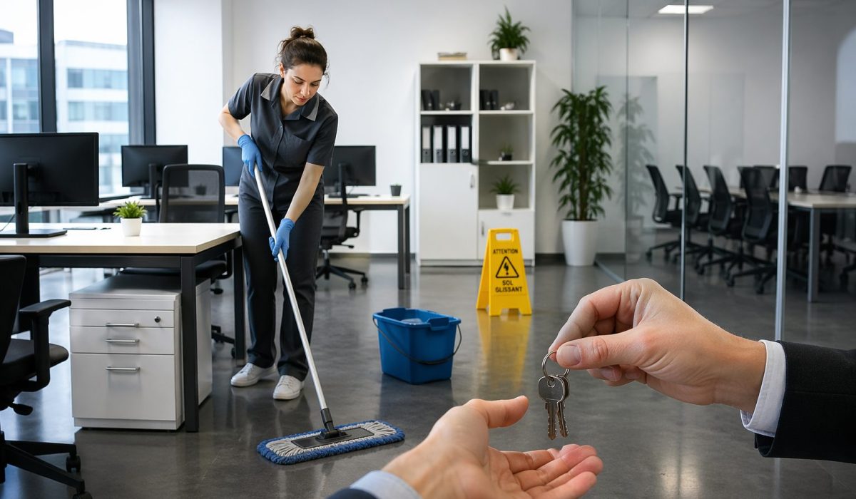 Agent d’entretien nettoyant un bureau moderne impeccable avant la restitution des clés dans un environnement professionnel