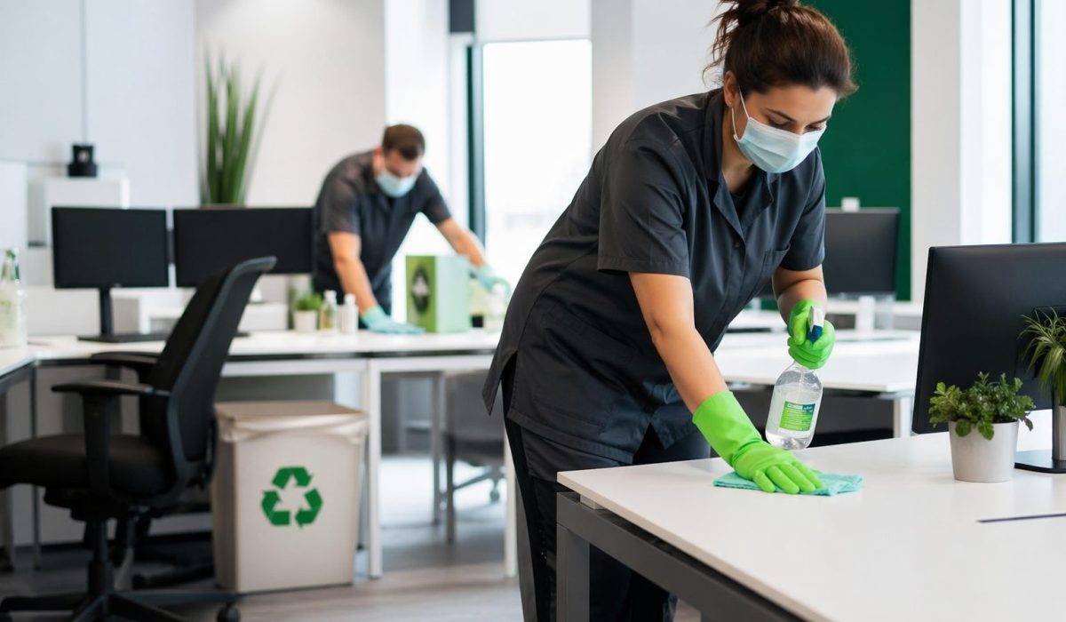 Agent d’entretien nettoyant un bureau moderne avec des produits écoresponsables dans un espace de travail professionnel