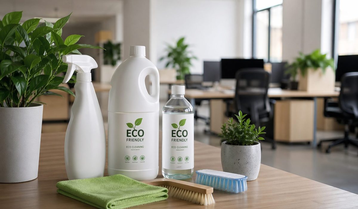 Produits de nettoyage écologiques posés sur une table dans un bureau moderne pour un entretien plus respectueux de l’environnement