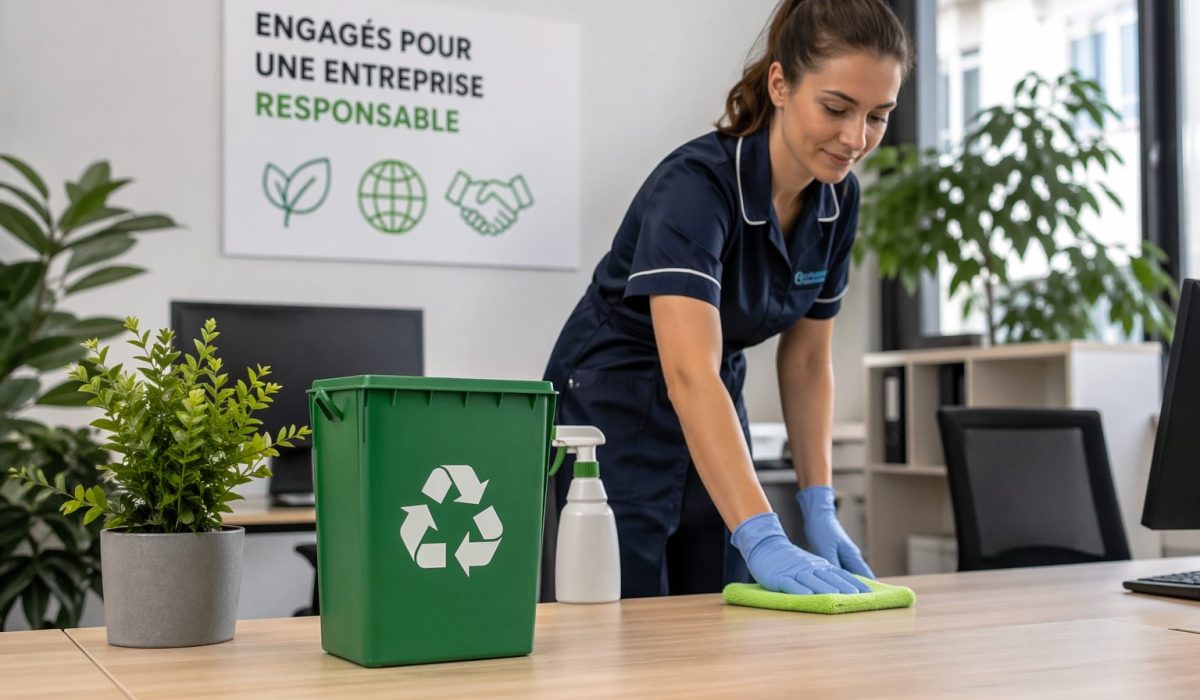 Agent de nettoyage dans un bureau moderne nettoyant un poste de travail avec produits d’entretien écologiques et bac de recyclage dans une démarche RSE