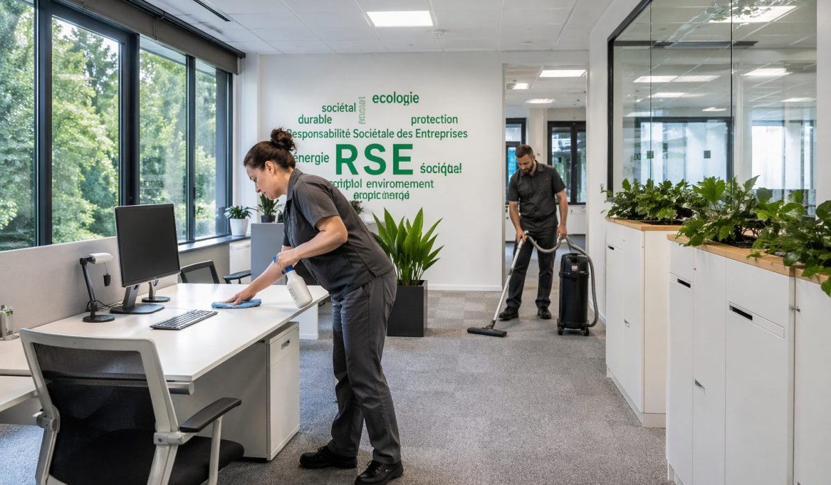 Agent de propreté nettoyant un bureau moderne dans des locaux professionnels avec plantes et démarche RSE visible