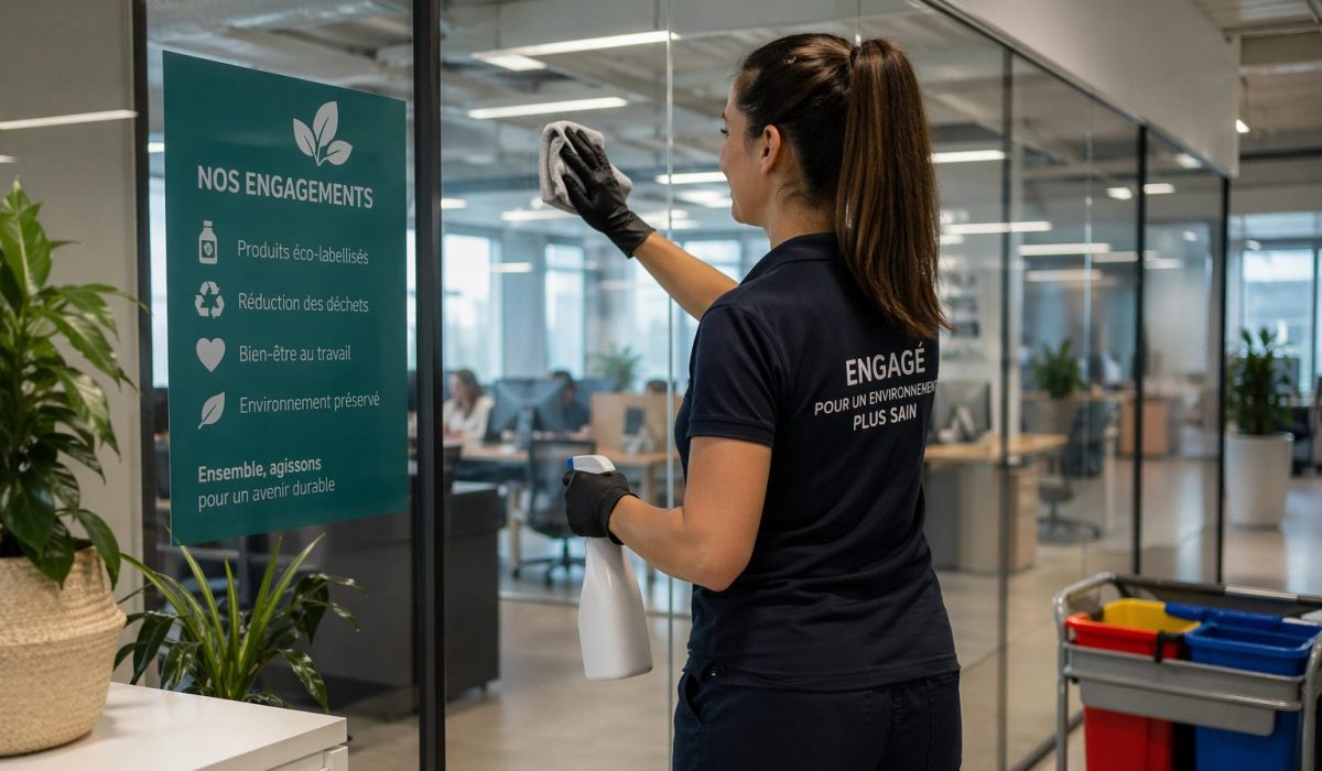 Agent d’entretien nettoyant une paroi vitrée dans un bureau moderne pour illustrer l’impact d’un nettoyage responsable sur l’image employeur