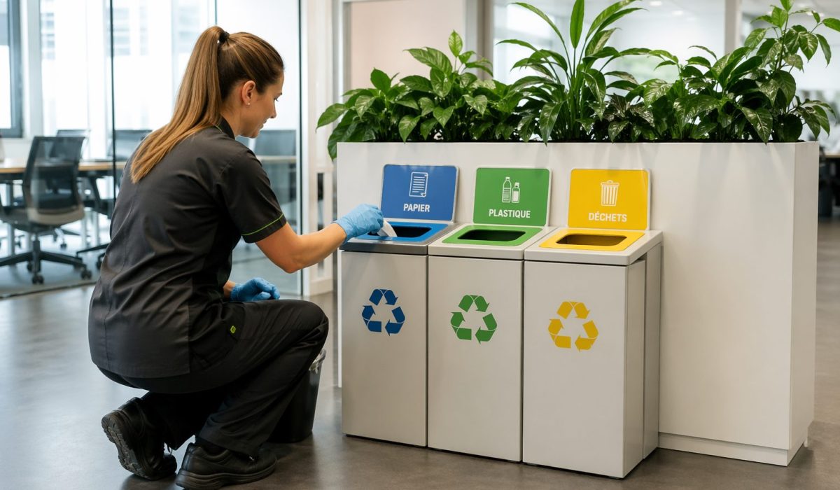 Agent d’entretien dans un bureau moderne en train de faciliter le tri des déchets avec des bacs de recyclage dédiés au papier, au plastique et aux déchets résiduels.