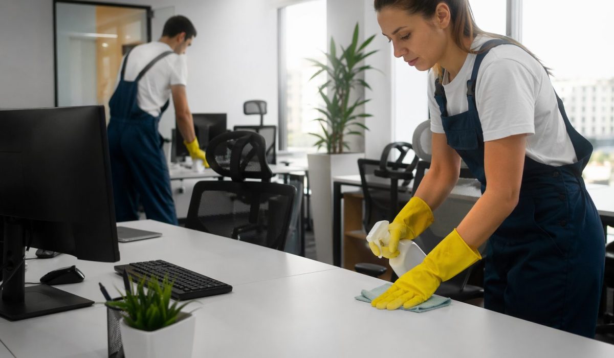 Agent d’entretien nettoyant un bureau dans un open space moderne avant un audit professionnel