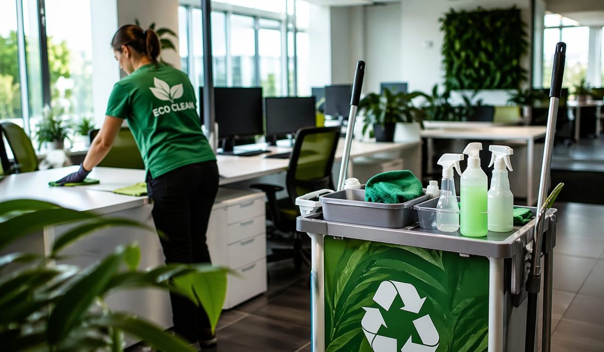 Équipe de nettoyage réalisant l’entretien écologique de bureaux modernes dans une entreprise