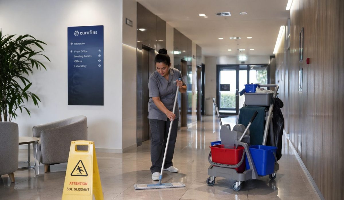 Équipe de nettoyage de bureaux en train d’entretenir les parties communes d’une entreprise moderne