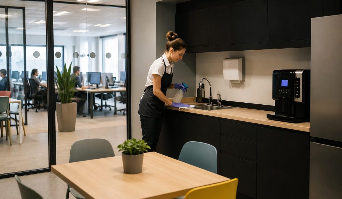 Équipe de nettoyage en train d’entretenir un open space moderne pendant une période de pluie avec sol humide, panneau de sécurité et parapluies à l’entrée