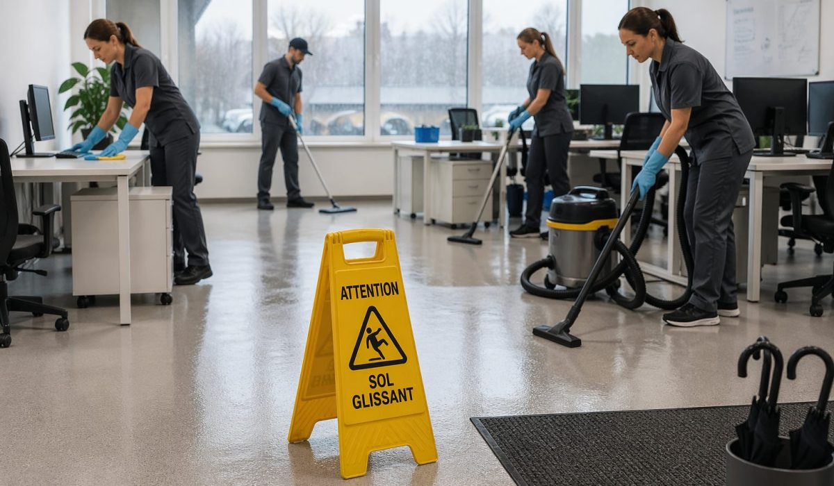 Équipe de nettoyage dans un bureau moderne illustrant l’entretien des bureaux adapté aux saisons