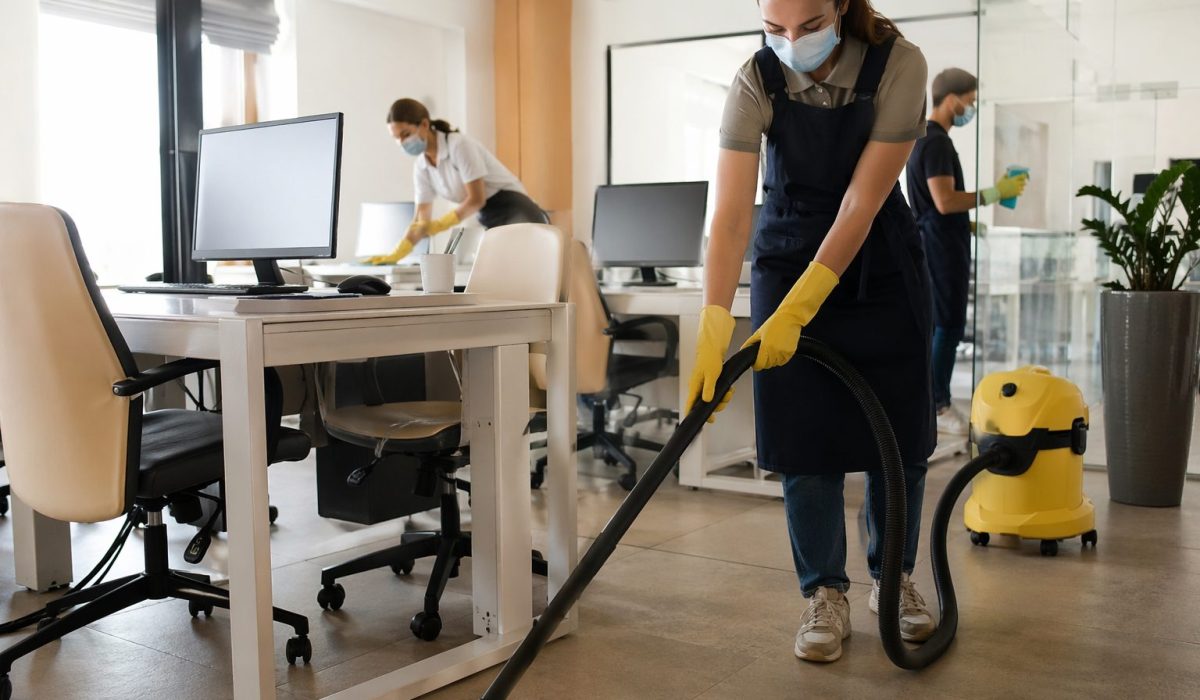 Agent de nettoyage aspirant le sol dans un bureau moderne pour améliorer la qualité de l’air intérieur