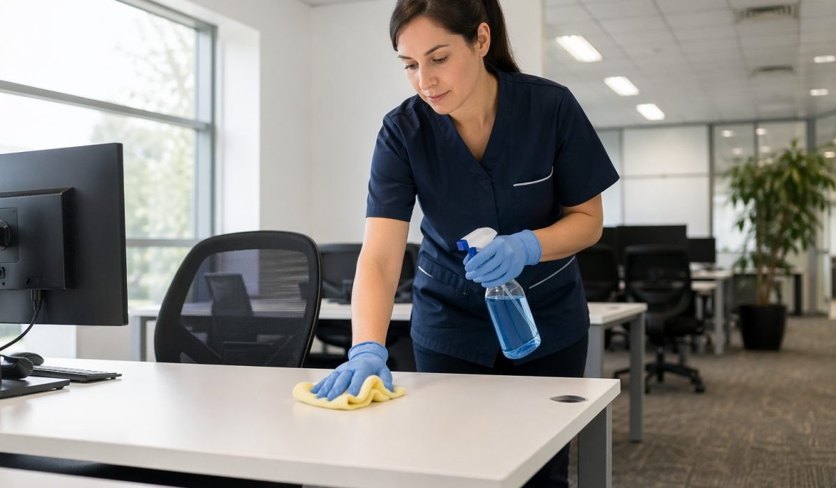 Agent d’entretien nettoyant un bureau dans un open space afin de réduire la poussière en suspension et améliorer la qualité de l’air intérieur.