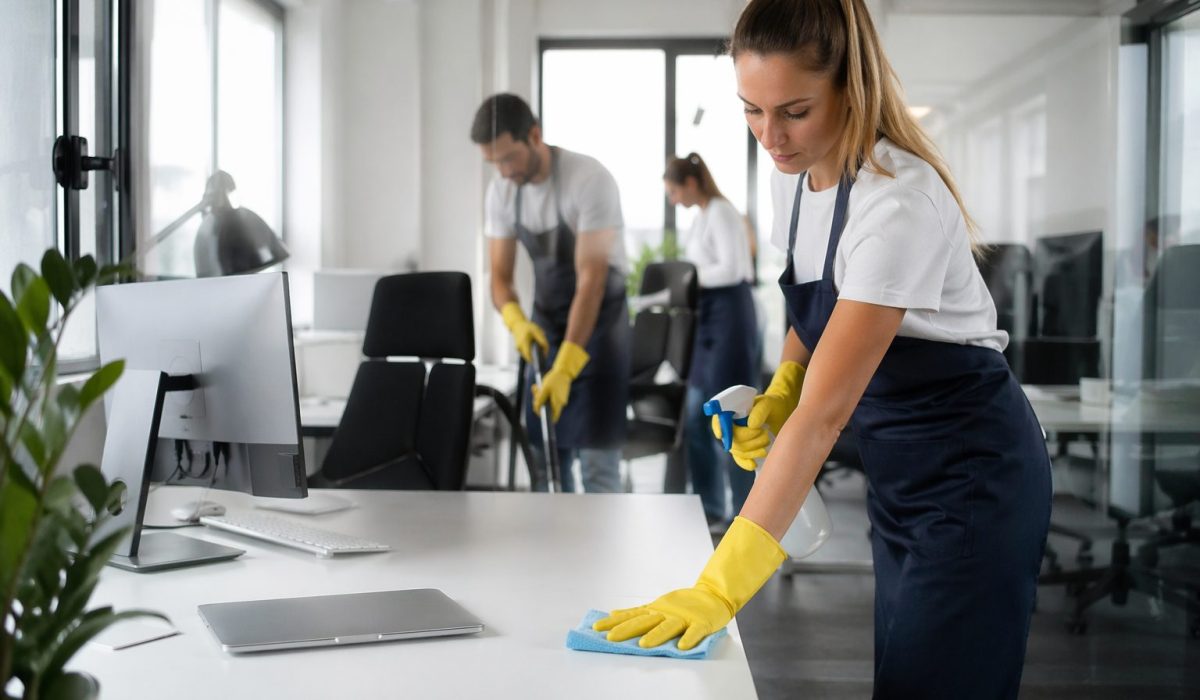 Agent d’entretien nettoyant un bureau moderne et lumineux pour améliorer la propreté des locaux et la sensation d’un air plus sain