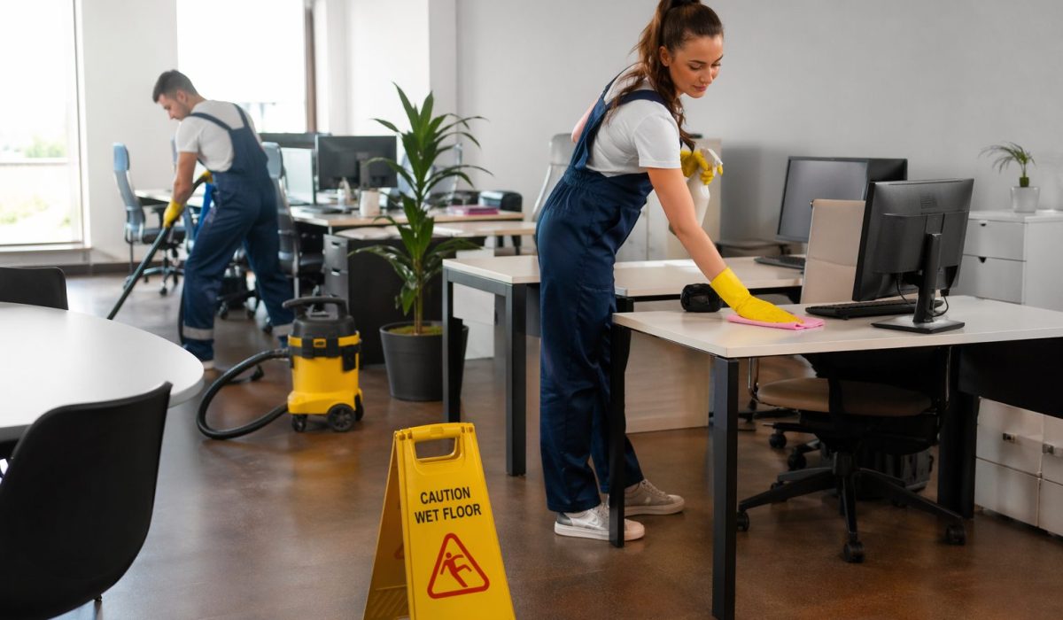 Agents de nettoyage en train d’entretenir un bureau moderne pour une prestation ponctuelle de nettoyage professionnel