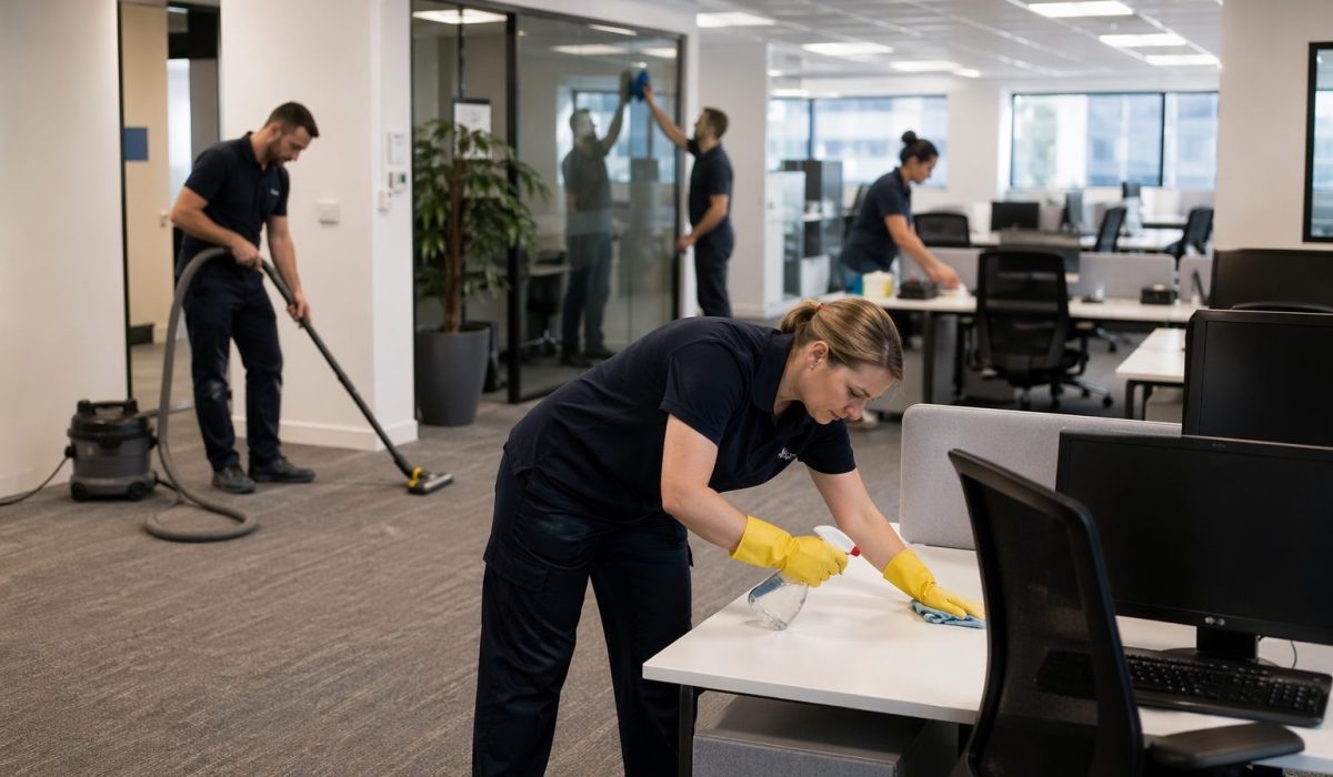 Agent d’entretien nettoyant des bureaux modernes pendant une opération de remise en état