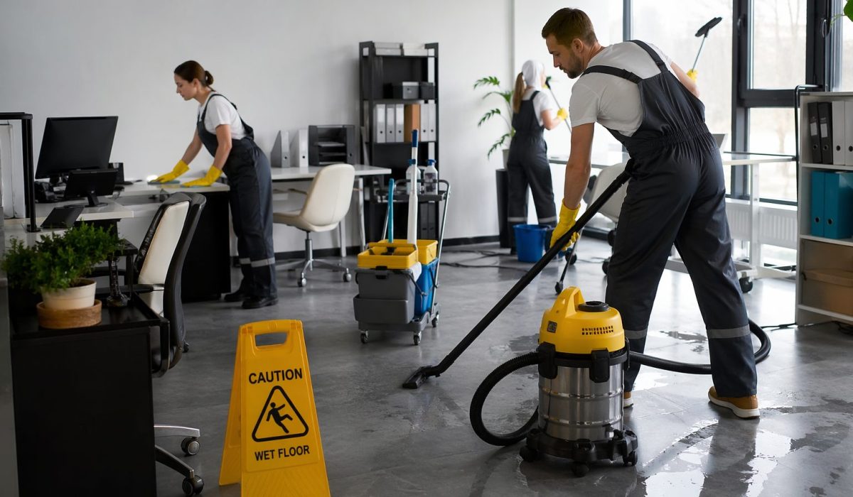 Équipe de nettoyage réalisant une intervention exceptionnelle dans des bureaux modernes pour assurer une propreté approfondie après forte sollicitation des espaces