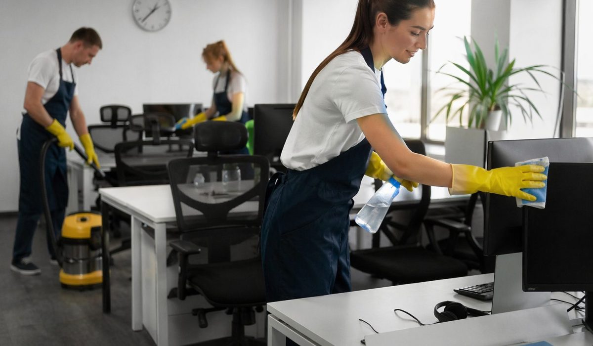 Agent d’entretien nettoyant un écran d’ordinateur dans un open space moderne pendant une prestation de nettoyage de bureaux