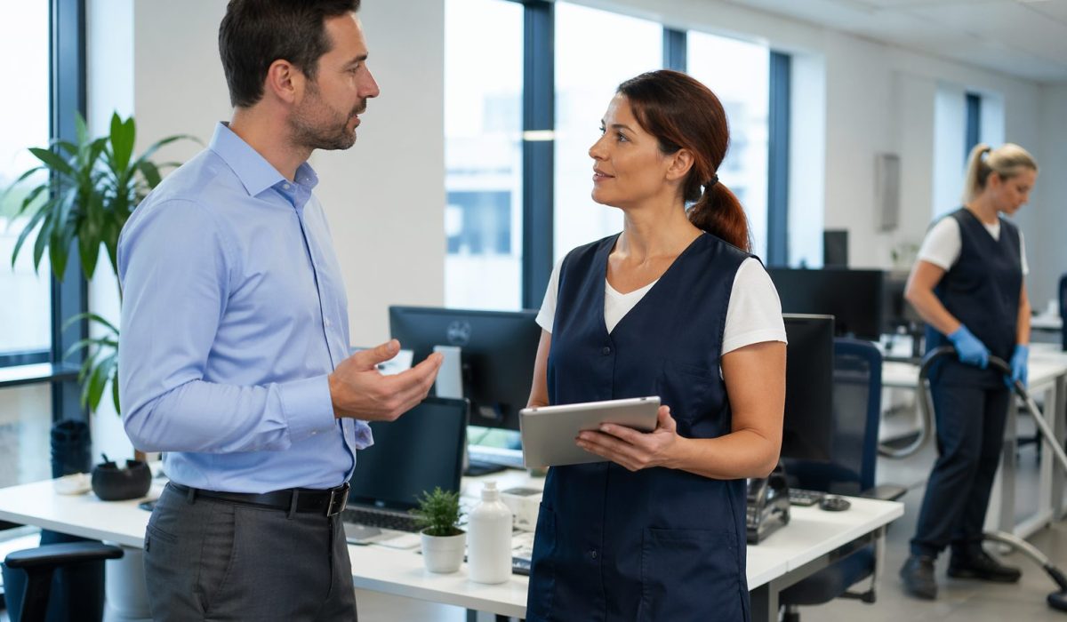 Responsable de bureau échangeant avec une agente d’entretien dans un open space propre pour améliorer la qualité de la propreté des bureaux