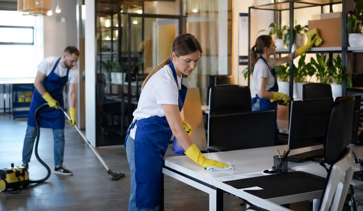 Équipe de nettoyage en train d’entretenir des bureaux dans un espace de coworking moderne et lumineux