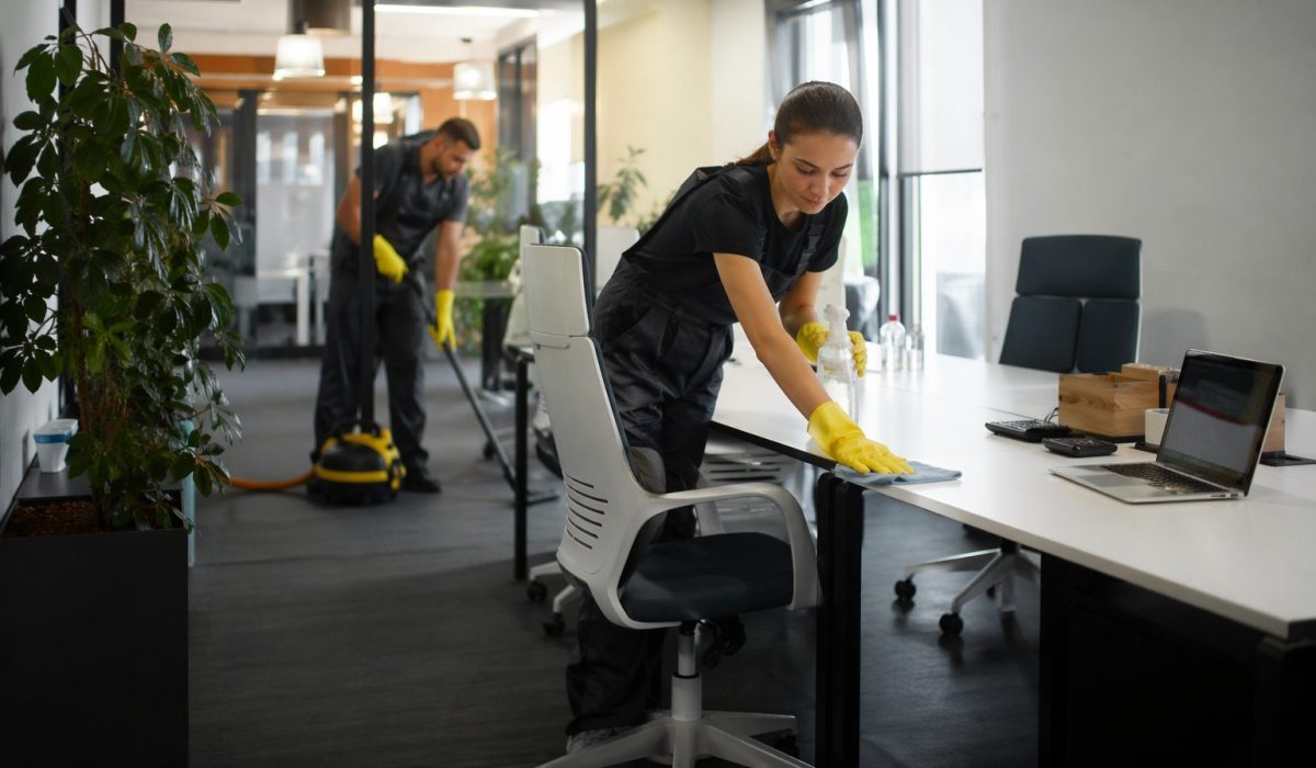 Agent d’entretien nettoyant un bureau dans un espace de travail partagé moderne et lumineux