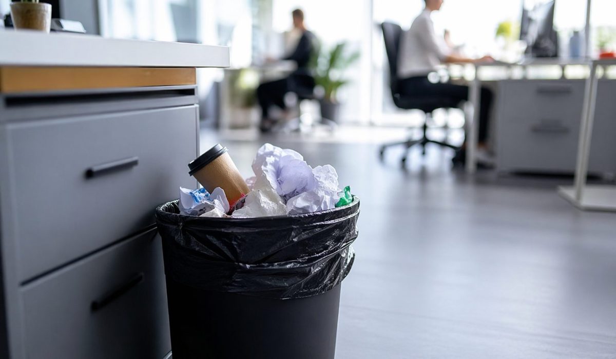Corbeille de bureau remplie dans un open space propre illustrant l’impact de la gestion des déchets sur la propreté des bureaux