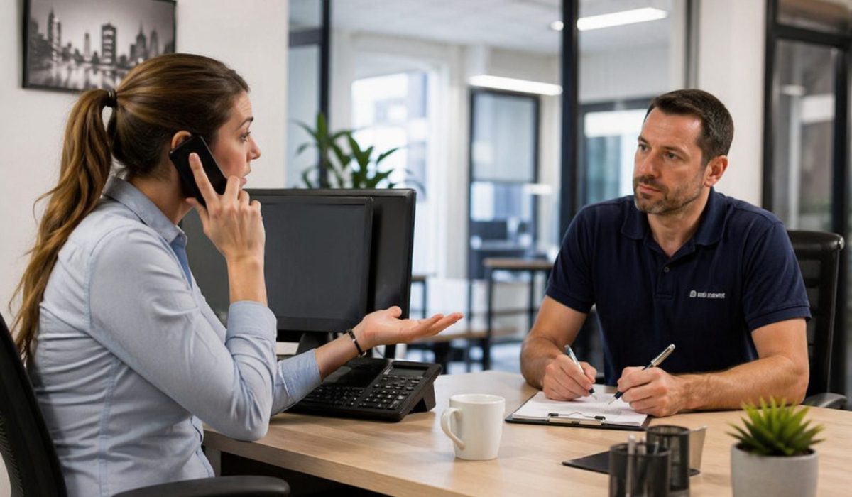 Responsable service client traitant rapidement une plainte sur l’entretien de bureaux avec un agent de propreté en réunion dans un bureau moderne