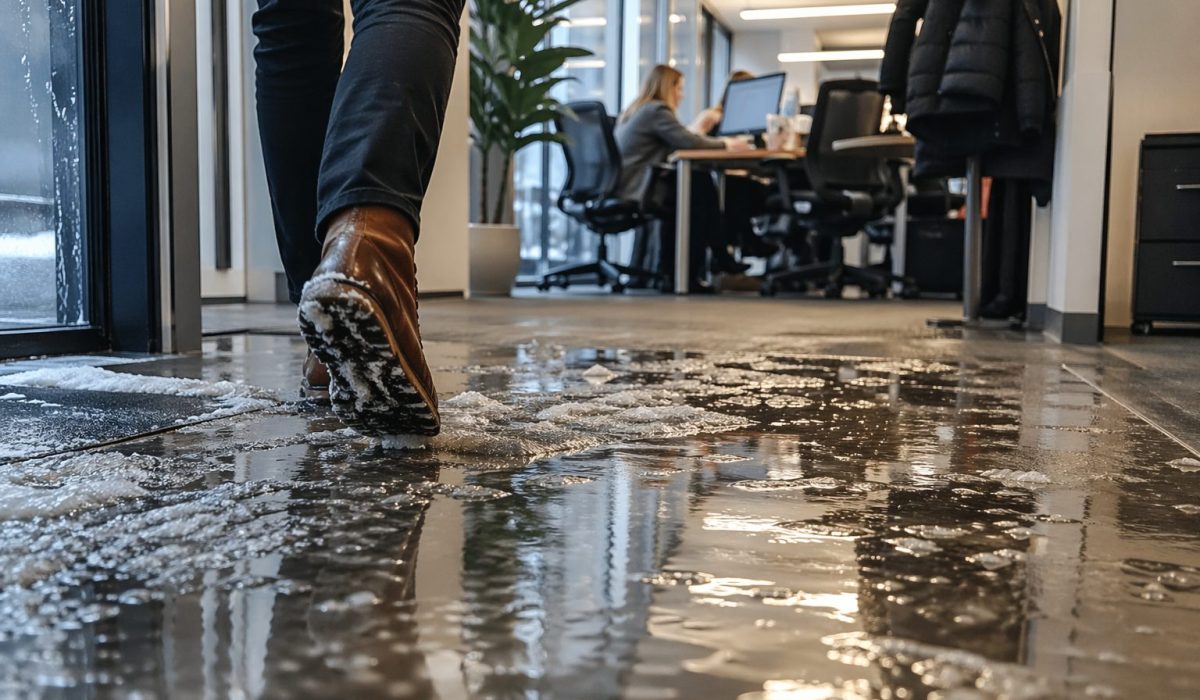 Sol de bureau mouillé en hiver avec traces de pas, neige fondue et entrée d’entreprise salie par les allées et venues