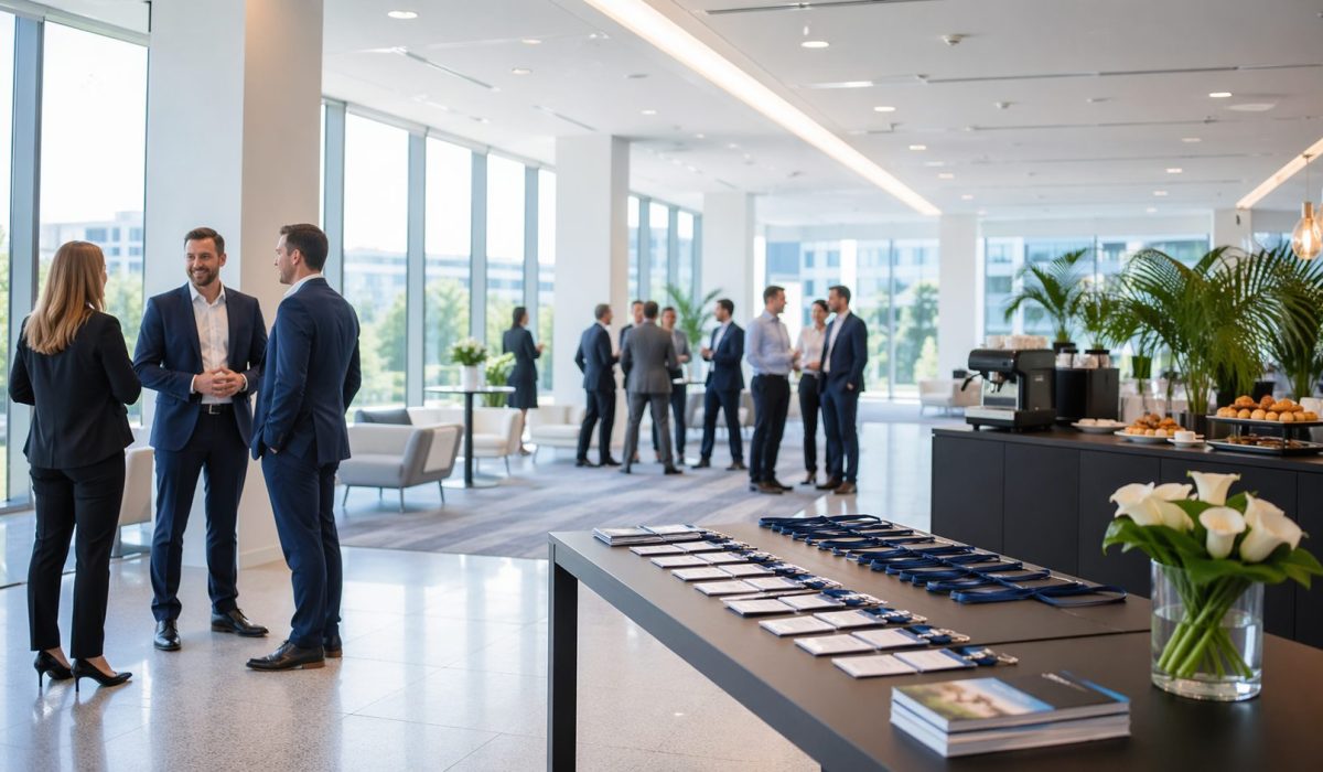 Bureaux modernes et impeccablement propres préparés pour un événement d’entreprise avec accueil, badges, buffet et professionnels en networking