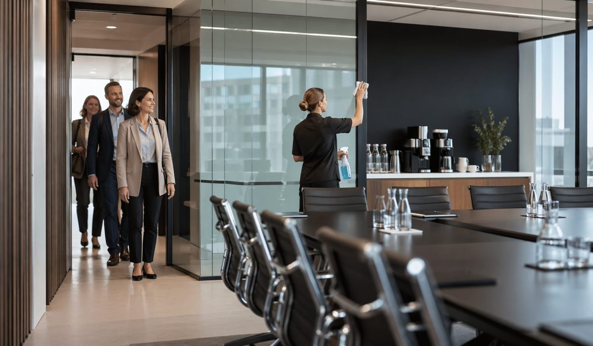 Nettoyage de bureaux avant un séminaire avec des visiteurs professionnels entrant dans une salle de réunion propre et moderne