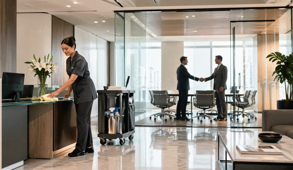 Agent de nettoyage professionnel entretenant un bureau moderne pendant une réunion d’affaires dans une salle vitrée