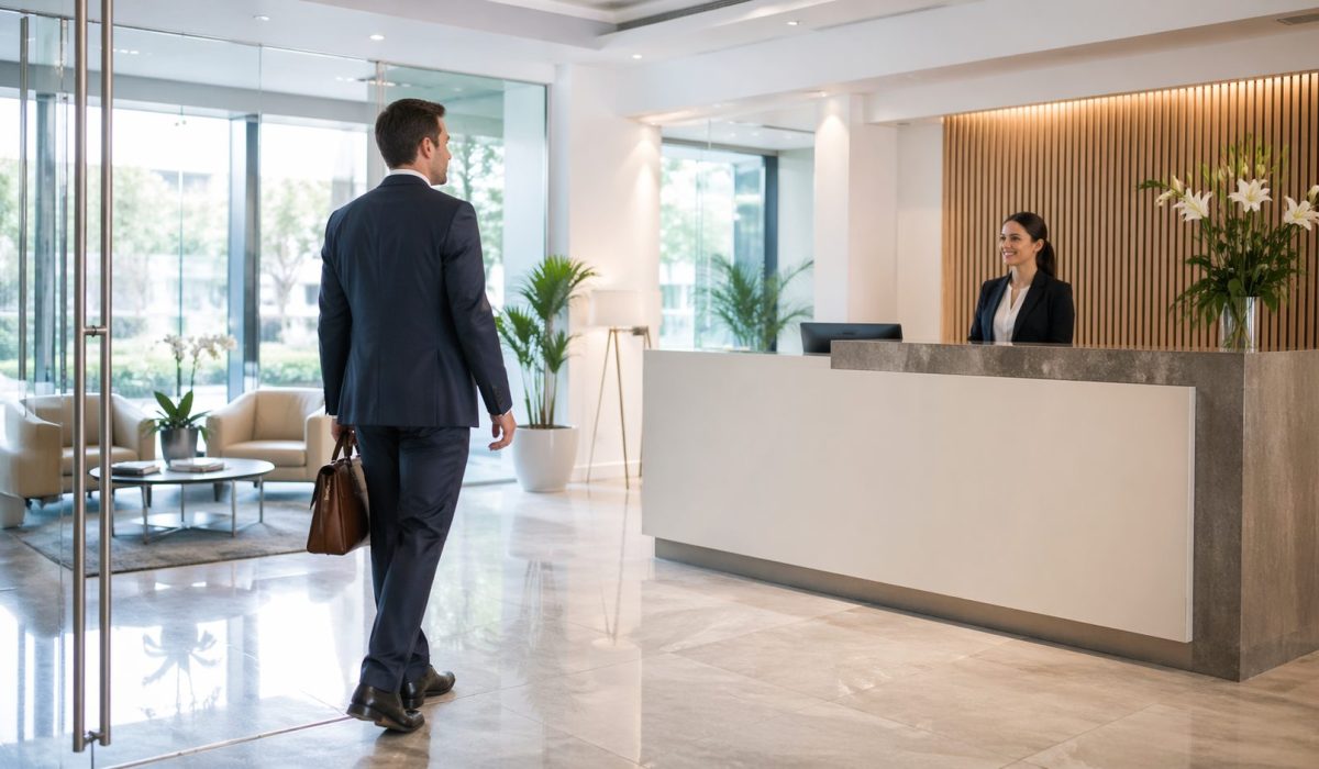 Prospect entrant dans des bureaux propres et modernes, accueilli dans un espace professionnel rassurant