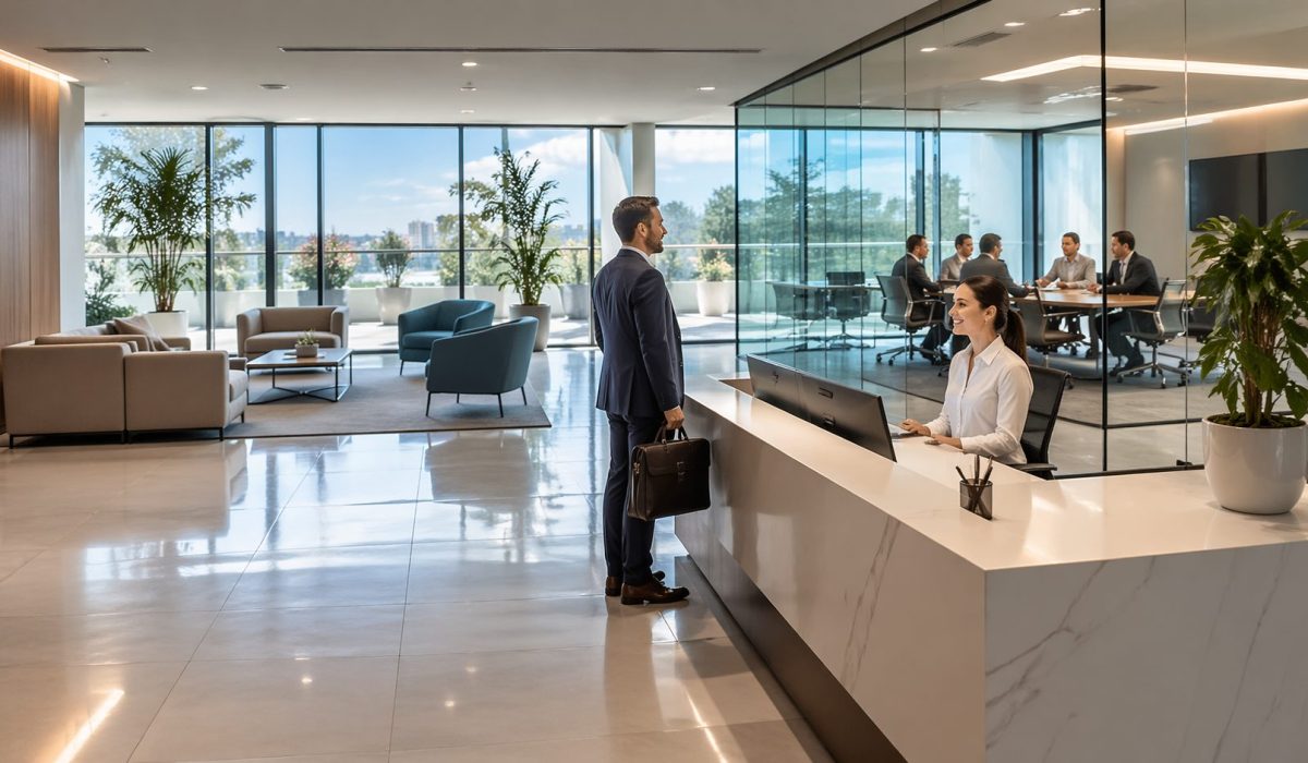 Accueil professionnel dans des bureaux modernes impeccablement entretenus, illustrant l’importance de la propreté pour valoriser les services d’une entreprise