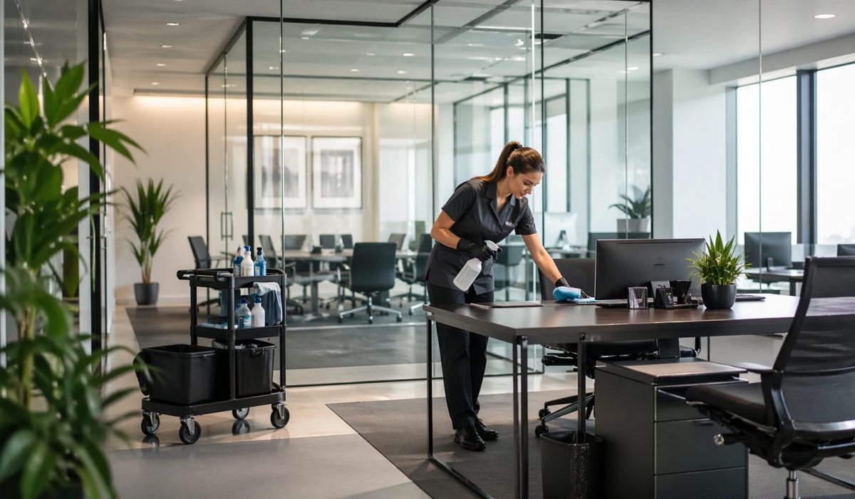 Agent d’entretien nettoyant un bureau moderne dans une agence ou un cabinet professionnel
