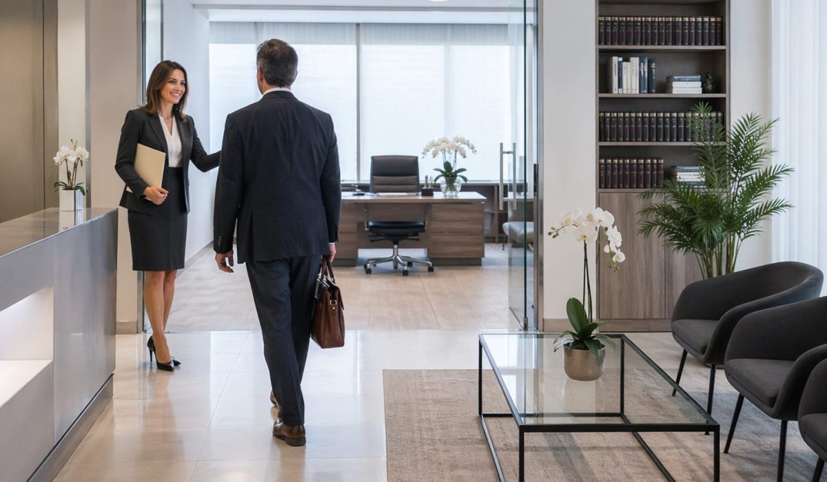 Bureau professionnel propre et soigné dans un cabinet de profession libérale accueillant un client