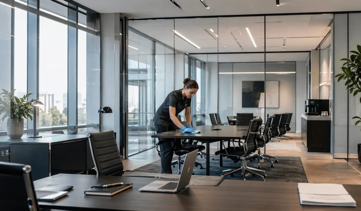 Agent d’entretien nettoyant une salle de réunion moderne dans des bureaux de conseil ou de service