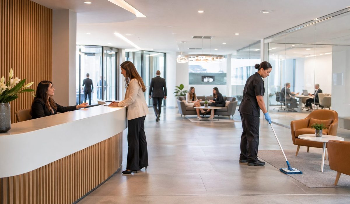 Agent d’entretien nettoyant discrètement un hall de bureaux moderne pendant l’accueil continu du public