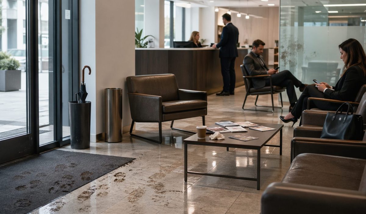 Zone d’attente de bureaux avec traces de pas, table encombrée et signes de salissures liées au passage des visiteurs