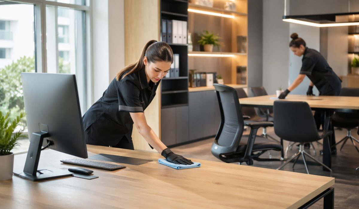 Agent d’entretien nettoyant un bureau moderne pour valoriser le mobilier professionnel