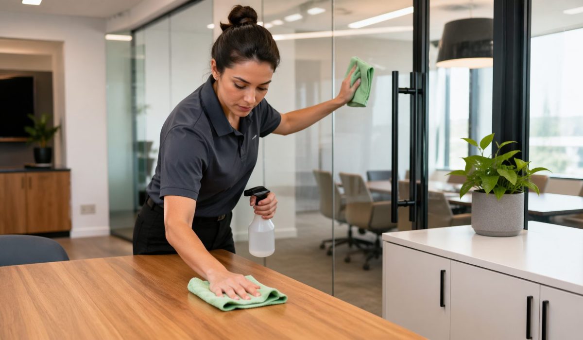 Agent d’entretien nettoyant un bureau en bois, une cloison vitrée et un meuble mélaminé dans un espace professionnel moderne
