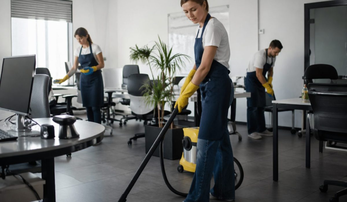 Agent de nettoyage de bureaux et équipe tournante intervenant dans un espace professionnel moderne