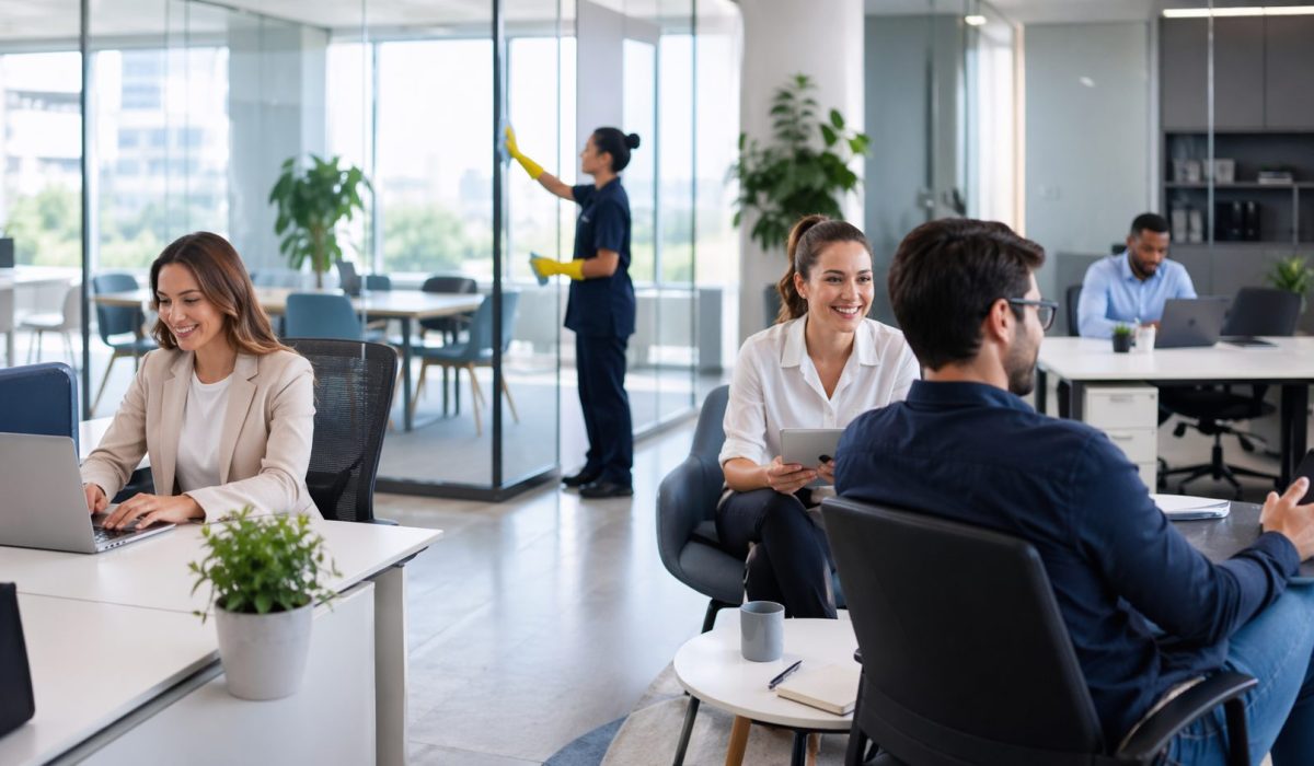Deux agents de nettoyage professionnels entretiennent des bureaux modernes et propres, illustrant l’importance de la stabilité des équipes pour une propreté régulière.
