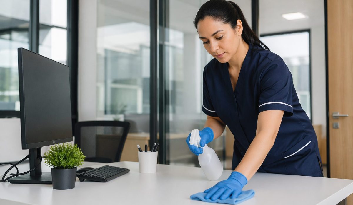 Agent de nettoyage entretenant un bureau moderne et propre pour améliorer le bien-être des collaborateurs et renforcer la marque employeur