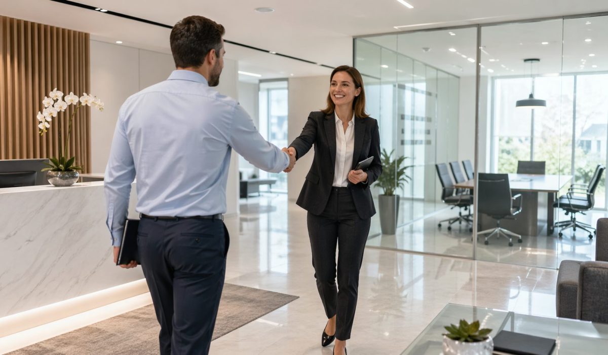 Candidate accueillie dans des bureaux propres et modernes lors d’un entretien d’embauche