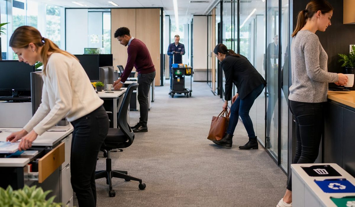 Employés travaillant dans des bureaux propres et lumineux pendant qu’un agent d’entretien nettoie les vitres, illustrant le lien entre propreté des locaux et bien-être au travail.